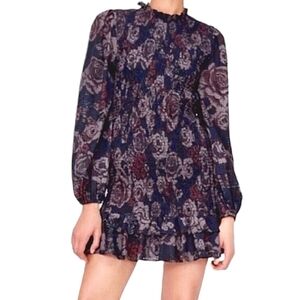 Zara Mock Neck Floral Smocked Ruffle Hem Mini Dress